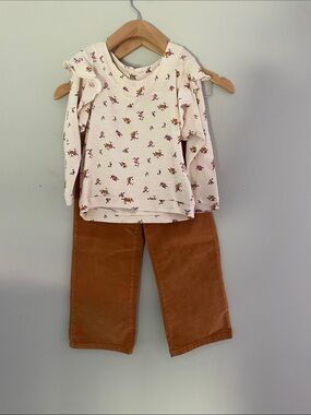 Jessica Simpson Cream Floral Ruffle Long-Sleeve Tee, brown corduroys